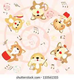 Cute rabbit, dog, cat, fox , bear , animals celebrating and playing music