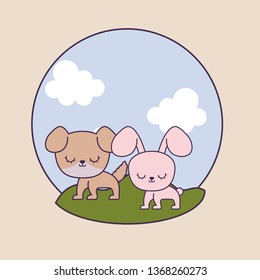 cute rabbit with dog in landscape