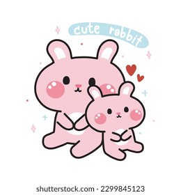 Cute rabbit doll sit together with heart on white background.Animal character design.Pink bunny hand drawn.Isolated.Kawaii.Vector.Illustration.