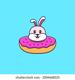 Conejo lindo con un donut en el cuello. El concepto de caricatura animal aislado. Puede usarse para camisetas, tarjetas de felicitación, tarjetas de invitación o mascota.