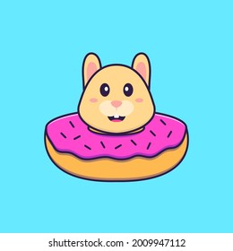 Cute rabbit with a donut on his neck. Animal cartoon concept isolated. Can used for t-shirt, greeting card, invitation card or mascot.