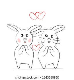 Cute rabbit doodle cartoon are standing together with red hearts for lover romantic and valentine's day background. Draw vector illustration cute animal style.

