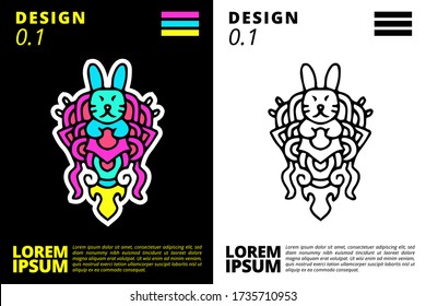 Cute rabbit doodle illustration for poster, sticker, or apparel merchandise.With vaporwave/synthwave style, neon aesthetics of 80s.