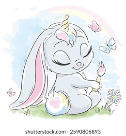 Cute rabbit. A cute rabbit dreams of becoming a unicorn. Fashion illustration drawing in modern style Cute unicorn.