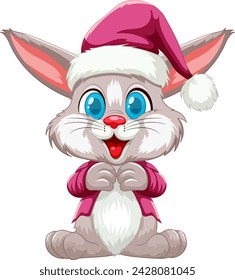 Cute rabbit dressed in Christmas attire smiling.