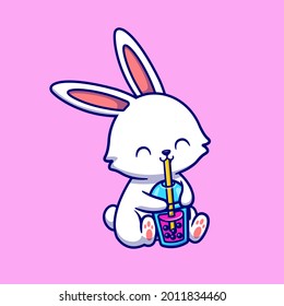 Cute Rabbit Drink Boba Milk Tea Cartoon Vector Icon Illustration. Animal Drink Icon Concept Isolated Premium Vector. Flat Cartoon Style