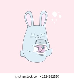 Cute Rabbit with drink coffee. Bunny with cup of tea. Sketch hare Isolated cartoon illustration for kids game, book, t-shirt, cards, print, textile. Vector character color hand drawn 