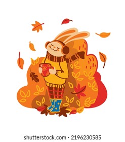 Un conejo lindo bebe café por la mañana y disfruta del paisaje otoñal. Hola otoño. Ilustración vectorial.