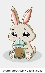 A cute rabbit drinking boba drink illustration