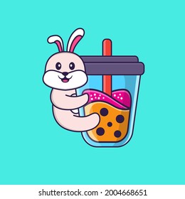 Cute rabbit Drinking Boba milk tea. Animal cartoon concept isolated. Can used for t-shirt, greeting card, invitation card or mascot.