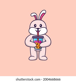 Cute rabbit Drinking Boba milk tea. Animal cartoon concept isolated. Can used for t-shirt, greeting card, invitation card or mascot.