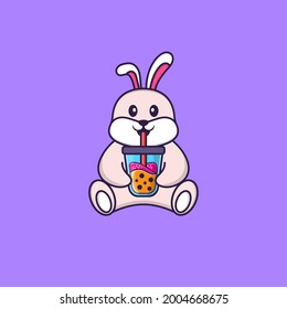 Cute rabbit Drinking Boba milk tea. Animal cartoon concept isolated. Can used for t-shirt, greeting card, invitation card or mascot.