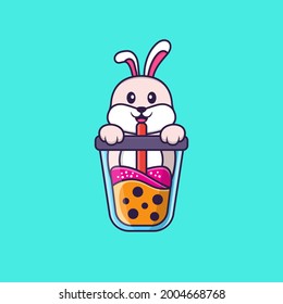 Cute rabbit Drinking Boba milk tea. Animal cartoon concept isolated. Can used for t-shirt, greeting card, invitation card or mascot.