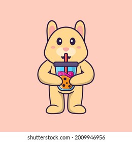 Cute rabbit Drinking Boba milk tea. Animal cartoon concept isolated. Can used for t-shirt, greeting card, invitation card or mascot.