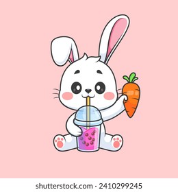 Té de leche de conejo corto que bebe Boba con caricatura de zanahoria
Ilustración de iconos vectores. Concepto de icono de bebida animal aislado
Vector Premium. Estilo de dibujo plano
