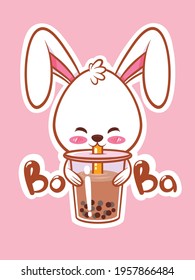 a cute rabbit drinking boba tea. cartoon character and mascot illustration concept.