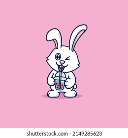 cute rabbit drinking bubble tea cartoon