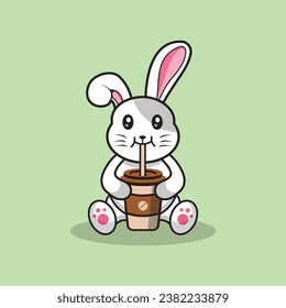 Cute rabbit drinking coffee cartoon vector flat illustration concept isolated