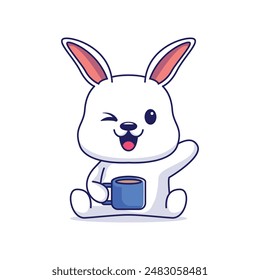 cute rabbit drinking coffee cartoon vector