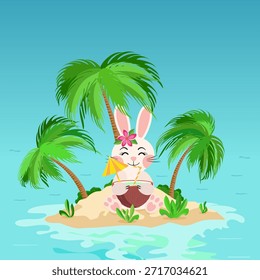 Conejo lindo que bebe el cóctel fresco del coco mientras que se sienta debajo de la palmera en la isla. Viajes de verano, vacaciones en la playa, Ilustración vectorial.