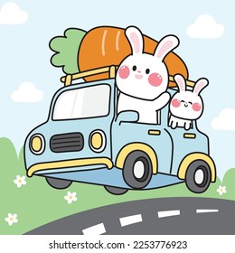 Cute rabbit drive car with big carrot on the road background.Animal character design.Easter day.Bunny hand drawn.Kawaii.Vector.Illustration.