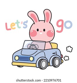 Cute rabbit drive car hand on white background.Animal character cartoon design.Travel,trip,holiday concept.Baby clothing screen.Pastel.Kawaii.Vector.Illustration.