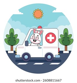 Cute rabbit driving an ambulance