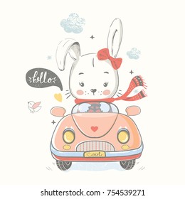 Cute rabbit driving car cartoon hand drawn vector illustration. Can be used for baby t-shirt print, fashion print design, kids wear, baby shower celebration greeting and invitation card.