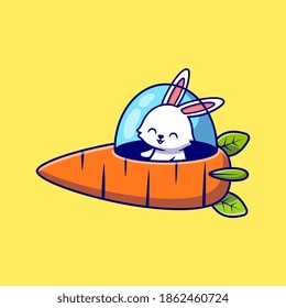 Cute Rabbit Driving Carrot Spaceship Cartoon Vector Icon Illustration. Animal Transportation Icon Concept Isolated Premium Vector. Flat Cartoon Style