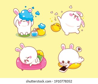 Cute rabbit with duck doing activities at home cartoon illustration