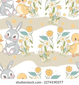 A cute rabbit and a duck and flowers childrens seamless pattern. Baby design textile print vector illustration