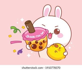 Cute rabbit with duck holding Bubble milk tea cartoon illustration