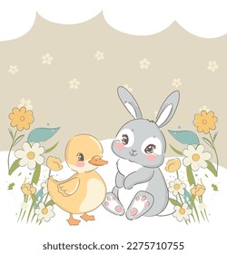 A cute rabbit and a duck on the flowers background simple childrens illustration. Baby print vector illustration