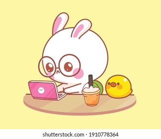 Cute rabbit with duck working on laptop cartoon illustration