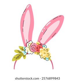 Cute rabbit ears. Headband with pink Easter bunny ears and flowers. Easter mask. Hair hoop in Cartoon style. Attribute of costume. Vector illustration isolated