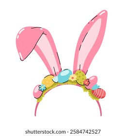 Cute rabbit ears. Headband with pink Easter bunny ears, Easter eggs and flowers. Festive Easter mask. Hair hoop in Cartoon style. Attribute of costume. Vector illustration isolated