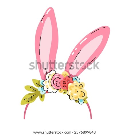 Cute rabbit ears. Headband with pink Easter bunny ears and flowers. Easter mask. Hair hoop in Cartoon style. Attribute of costume. Vector illustration isolated