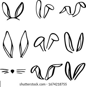 Cute rabbit ears set. Black and white. Vector Illustration for promotion, photos, lettering, text