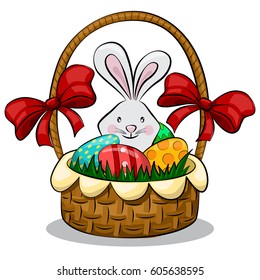 Cute rabbit in the Easter basket with colorful eggs, green grass and red bows. Vector cartoon character of a rabbit for a holiday. Illustration, isolated on white background.