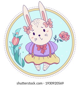 Cute rabbit. Easter bunny girl with bows and in a skirt with a rose on a decorative floral background. Vector illustration. Happy Easter greeting card, birthday, for print and design