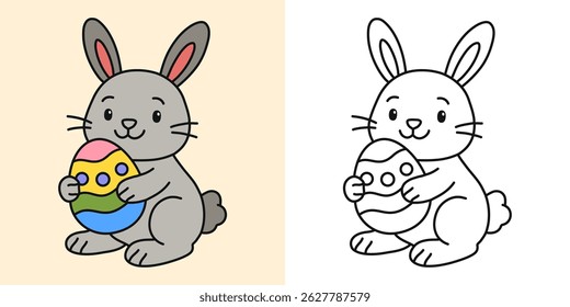 Cute rabbit with easter egg cartoon character coloring page vector illustration