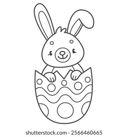 Cute rabbit in the Easter egg coloring book for kids. Coloring page with Easter bunny. Monochrome black and white illustration. Vector children's illustration.