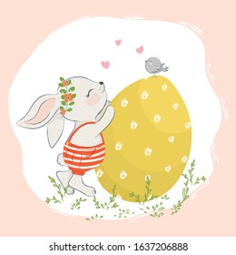 Cute rabbit with easter egg and little bird, vector illustration, happy easter, greetng cards, children artworks.