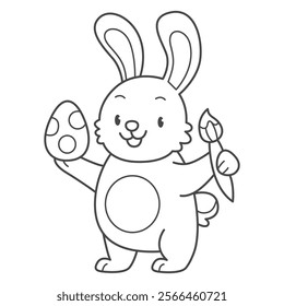 Cute rabbit with Easter egg and paint brush coloring book for kids. Coloring page with Easter bunny. Monochrome black and white illustration. Vector children's illustration.