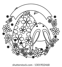 cute rabbit with easter egg painted and flowers