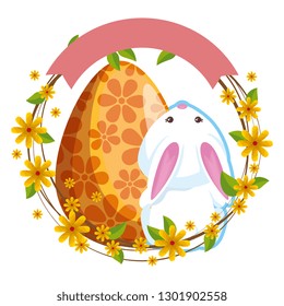 cute rabbit with easter egg painted and flowers