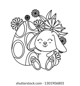 cute rabbit with easter egg painted and flowers