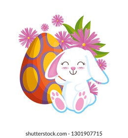 cute rabbit with easter egg painted and flowers