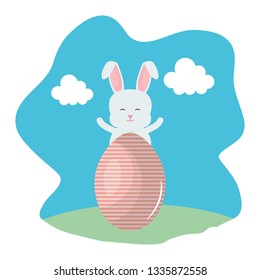 cute rabbit with easter egg painted in the camp