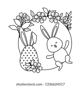 cute rabbit with easter egg painted and circular floral frame